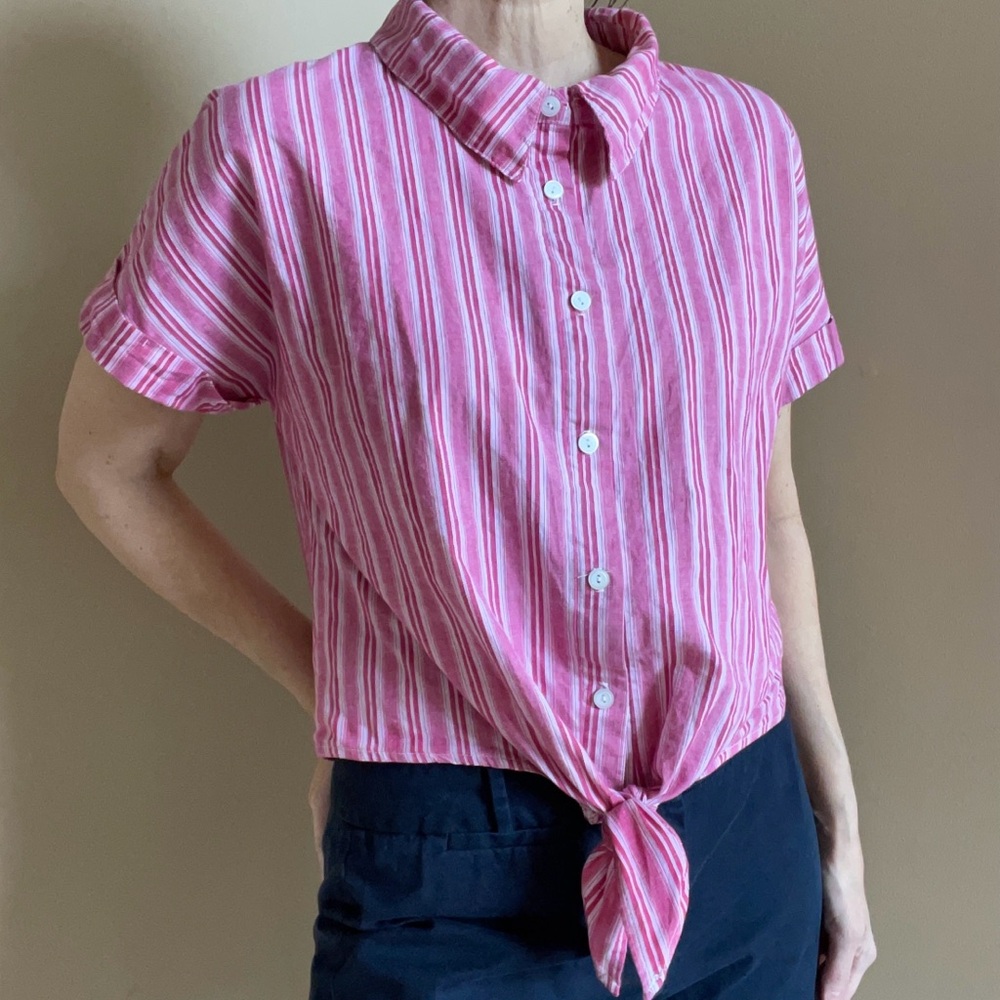 Striped Pink Tie-Front Women's Top - Picture 6 of 8